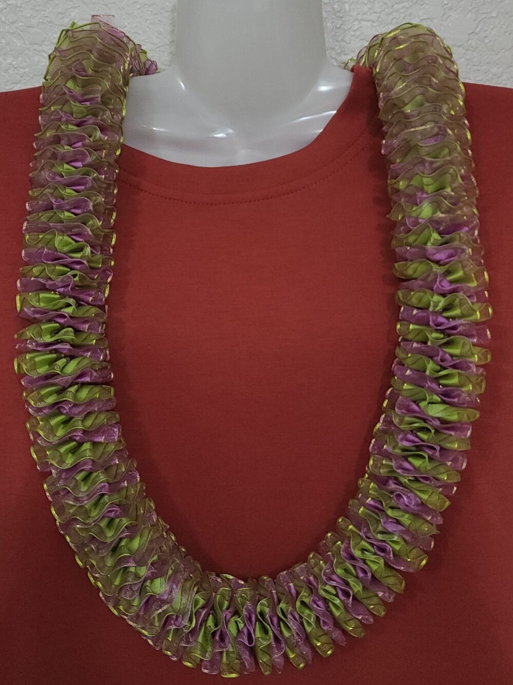 Handcrafted Purple & Green Ribbon Hawaiian Lei.